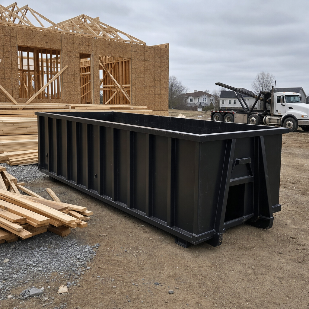 Matte-black 40-yard roll-off dumpster staged on a framed-out residential construction site in Eau Claire, framing lumber stacked nearby, hooklift delivery truck visible in the background under bright Colorado daylight