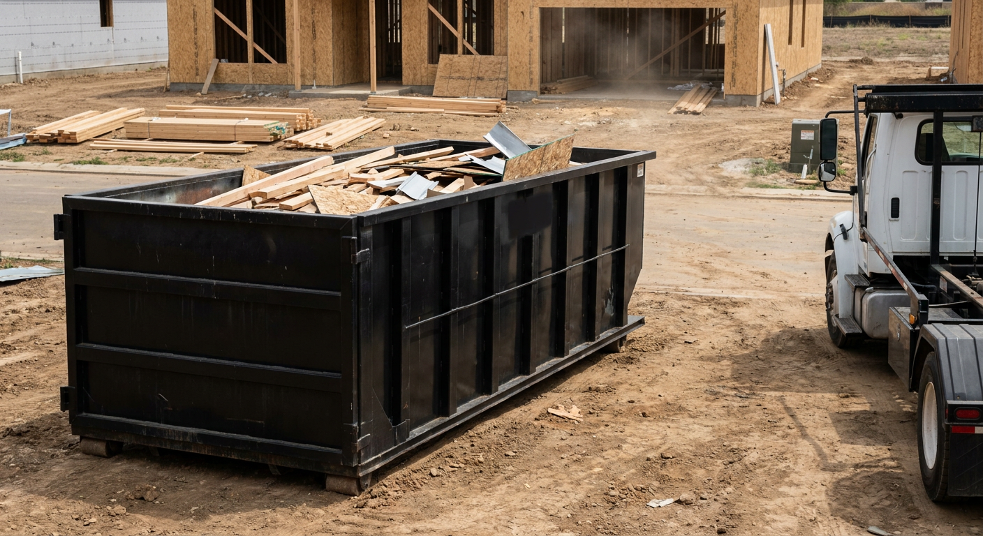 Matte-black 20-yard roll-off construction dumpster with heavy ribbed steel sidewalls and swing rear doors at a working jobsite in Eau Claire, sitting directly on compacted dirt with an unmarked white hauler partially visible at the far edge of the frame.