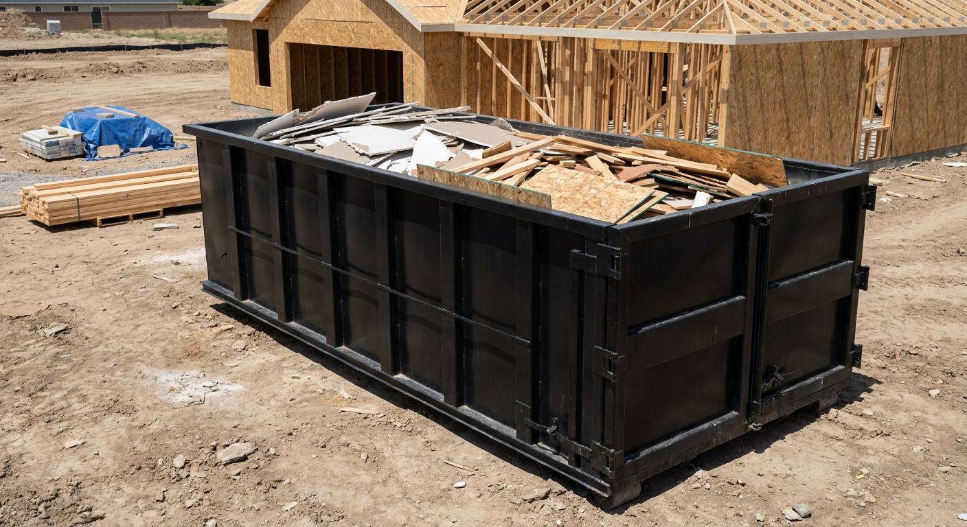 Matte-black 30-yard roll-off construction dumpster sitting directly on the compacted-dirt site of a framed single-family home build in Eau Claire, drywall and lumber scrap loaded inside.