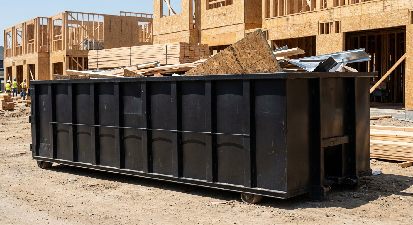Matte-black 40-yard roll-off construction dumpster being lowered from a white-cab hooklift delivery truck onto the compacted-dirt jobsite at a commercial build site in Eau Claire
