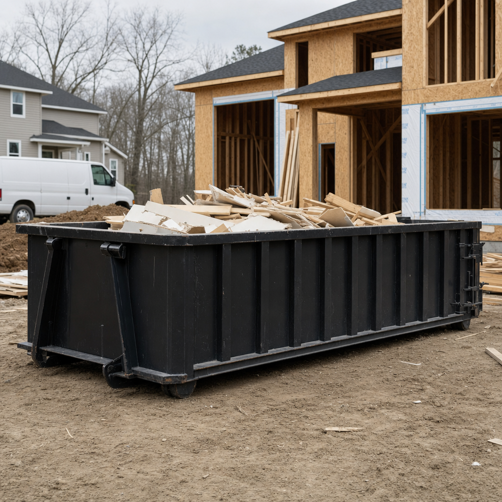 Worker in a yellow high-visibility vest tossing framing lumber and broken drywall into a matte-black 30-yard construction roll-off dumpster on an active build site in Eau Claire, bright daylight