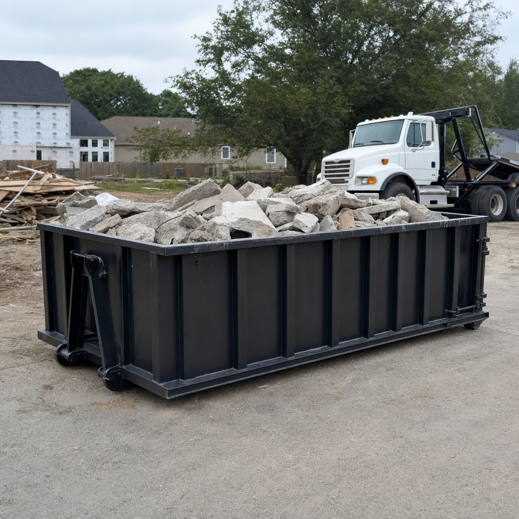 Low-profile matte-black lowboy roll-off dumpster loaded with broken concrete slab and rebar at a foundation tear-out in Eau Claire, skid steer parked beside it, sunny Colorado morning