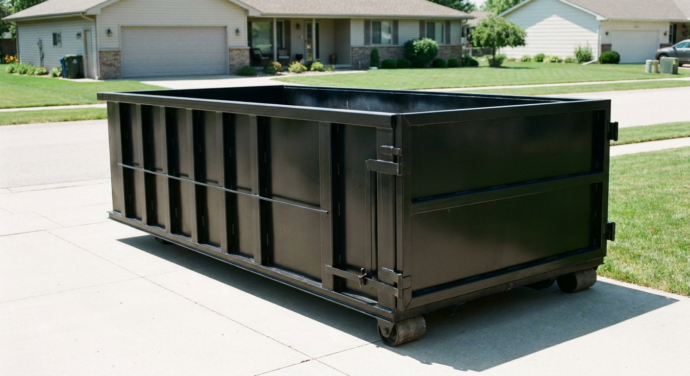Matte-black 10-yard roll-off dumpster on a residential concrete driveway in Eau Claire, uniformly painted matte black across every panel and rail, ribbed steel sidewalls and rear swing door visible, mid-day daylight.