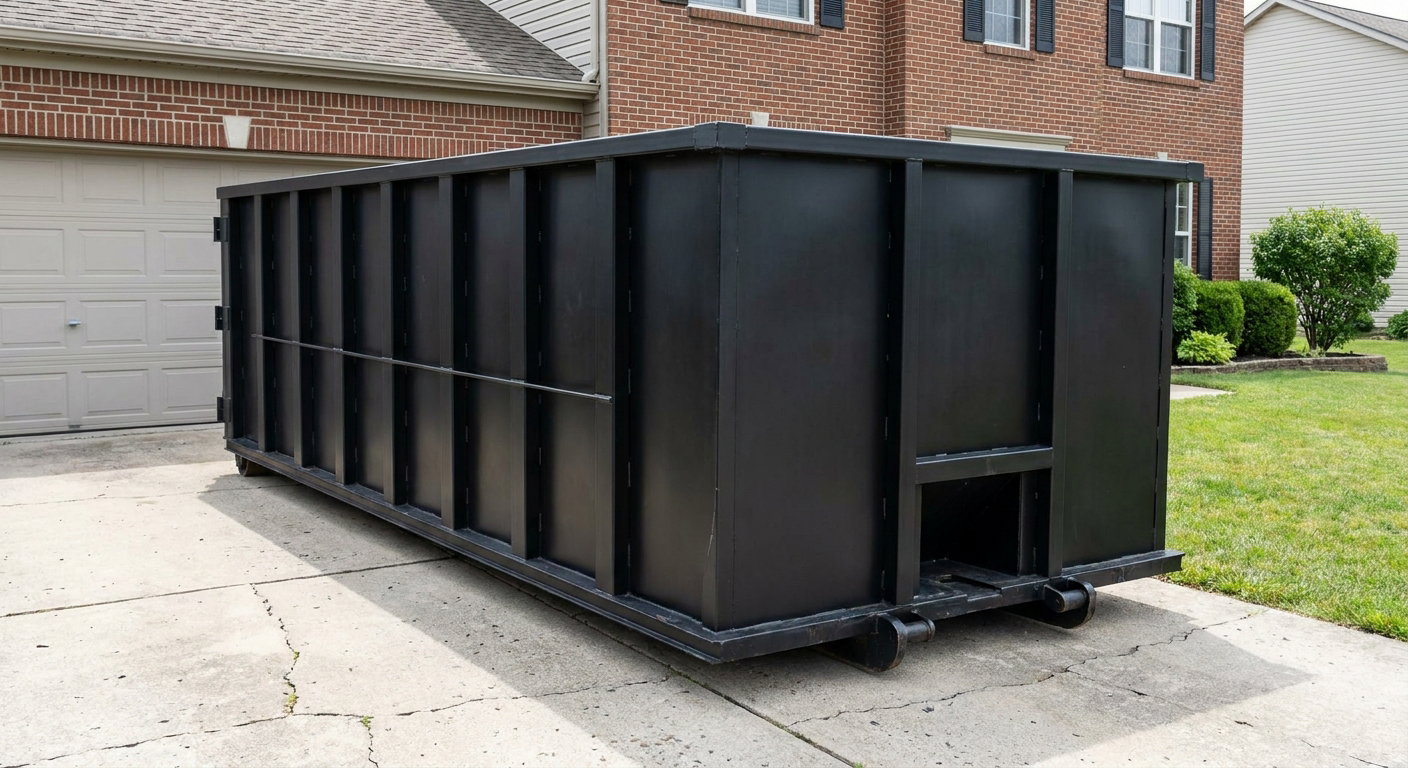 Matte-black 20-yard roll-off container on a Eau Claire residential concrete driveway with reinforced ribbed steel sidewalls and a hinged rear walk-in door, clean bright daylight.