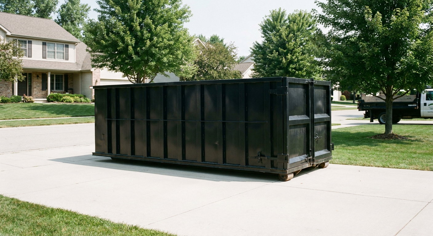 Matte-black 20-yard roll-off dumpster sitting level on a clean Eau Claire residential concrete driveway under bright daylight, demonstrating clean placement directly on the concrete.