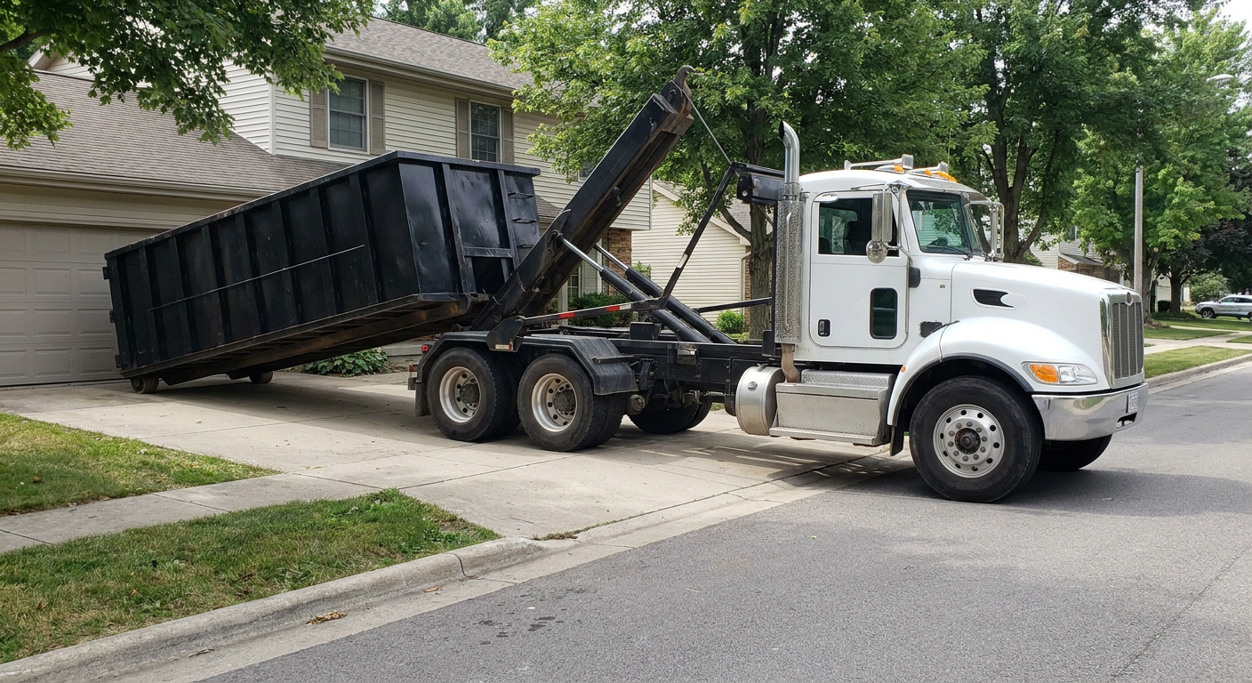 White-cab hooklift roll-off truck actively lowering a matte-black dumpster onto a Eau Claire residential concrete driveway, the dumpster's rear wheels touching the driveway as the hoist arm tilts the bed forward, mid-morning daylight.