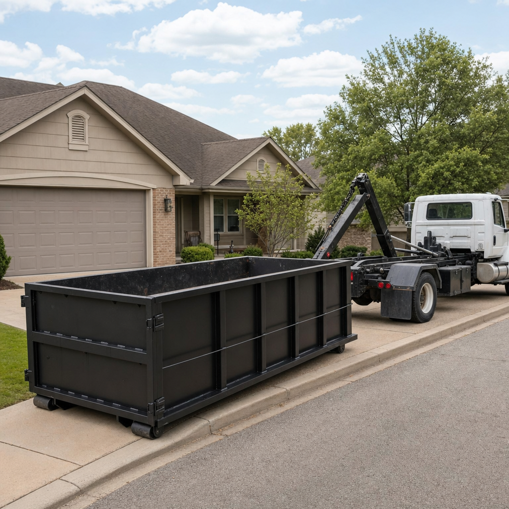 Wide documentary shot of a matte-black roll-off dumpster on a Eau Claire residential driveway in the foreground and a contractor jobsite container in the soft-focus background, bright daylight, calm and orderly composition.