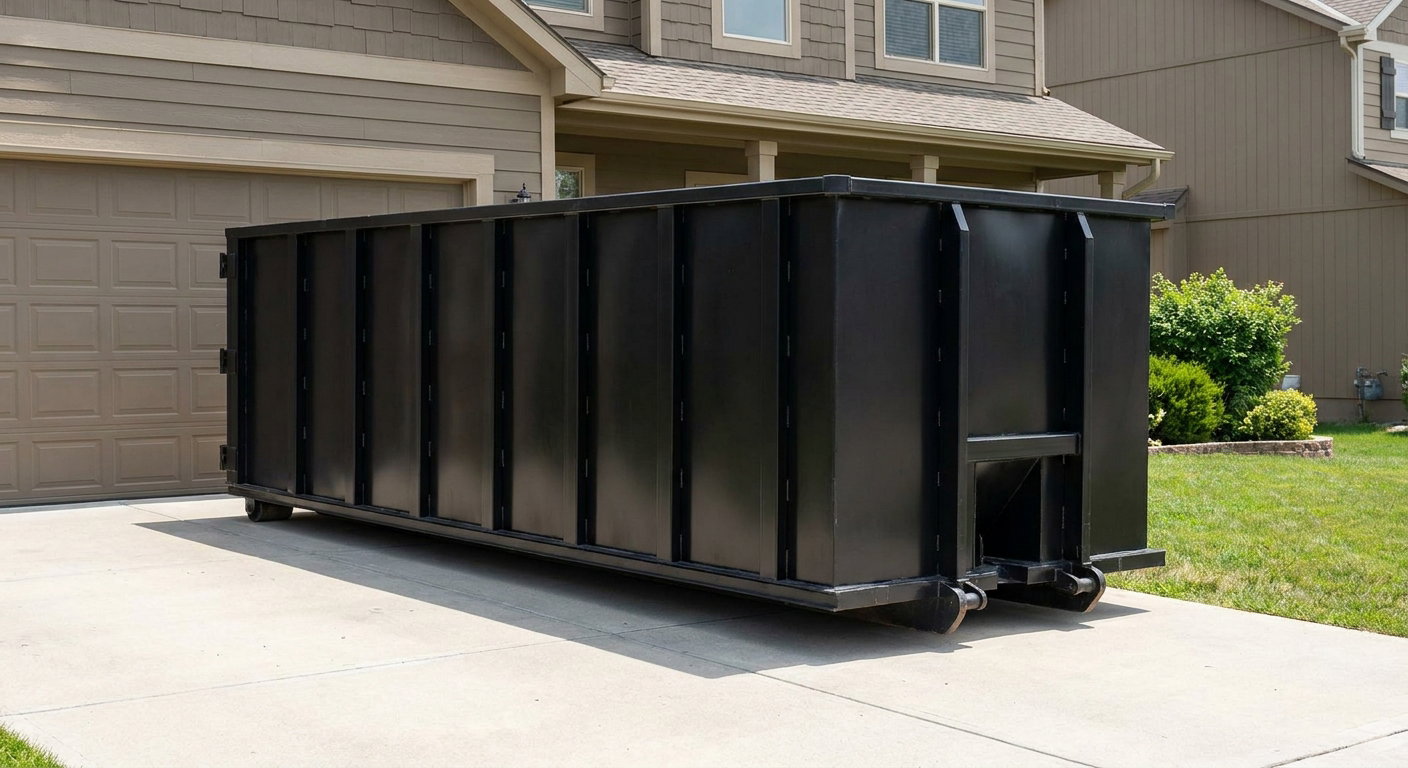 Matte-black residential roll-off dumpster sitting directly on a suburban Eau Claire concrete driveway, garage door closed, single-family home in background, bright morning daylight.