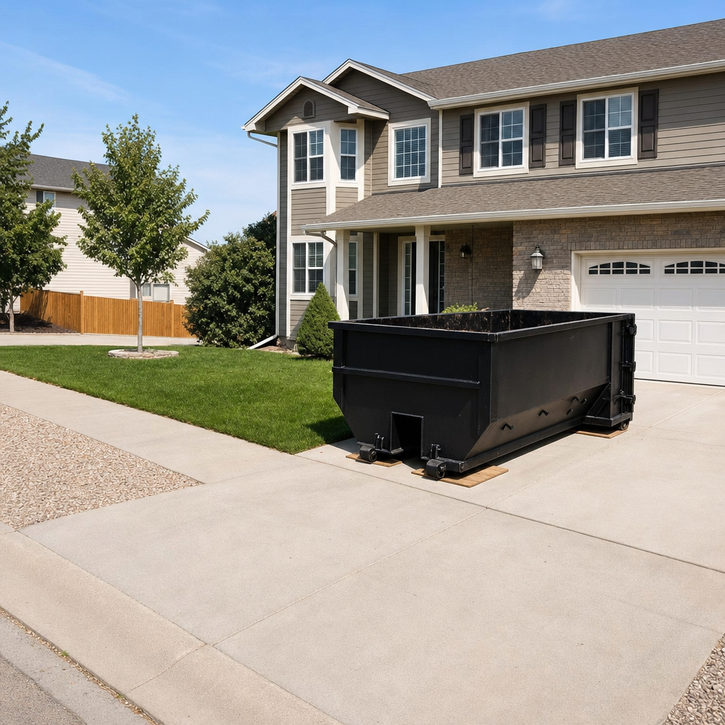 10-yard matte-black residential dumpster placed directly on a narrow Eau Claire concrete driveway, room remains for a parked sedan beside it, mid-morning natural light