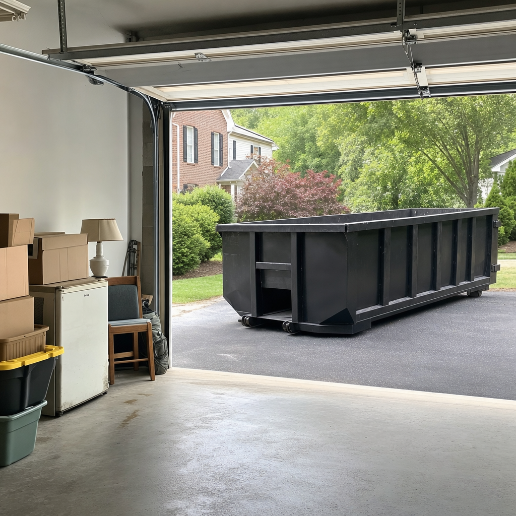 Open garage interior in a Eau Claire home mid-cleanout — boxed items, an old appliance, and stacked yard tools queued near the driveway for a matte-black roll-off dumpster, organized and calm