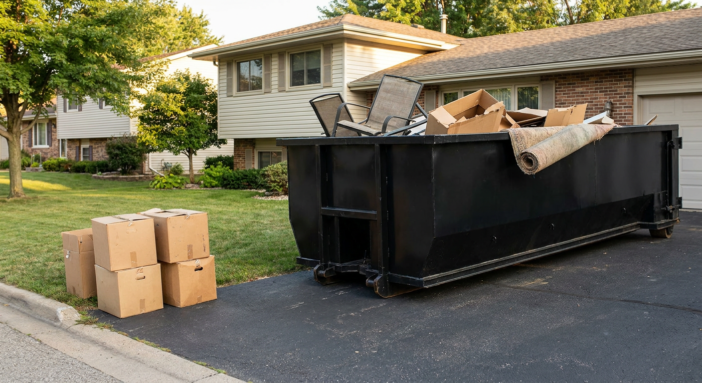 Front-yard view of a Eau Claire split-level home with a 20-yard matte-black roll-off dumpster sitting directly on the asphalt driveway, a few clearly labeled donation boxes staged at the curb, calm sunny afternoon.