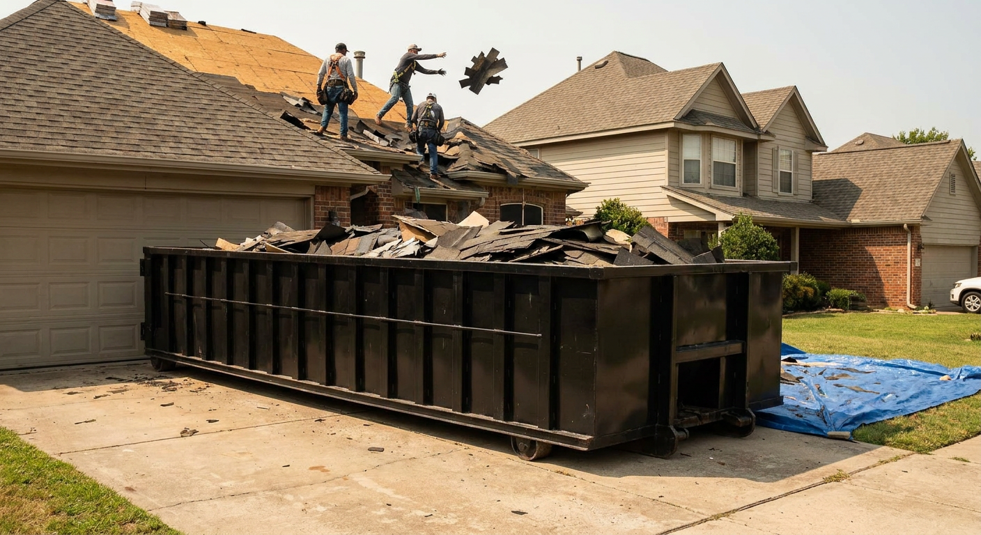 Matte-black roofing roll-off dumpster placed directly on a Eau Claire residential concrete driveway, a tear-off crew on a two-story asphalt-shingle roof tossing shingle bundles into the low-walled container, bright daylight, documentary 35mm perspective.