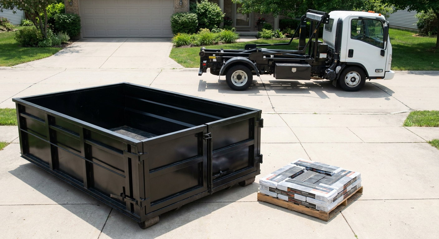 Matte-black 15-yard roofing roll-off dumpster with reinforced low side walls sitting directly on a Eau Claire residential concrete driveway, three-tab asphalt shingle bundles stacked nearby, an unmarked white hauler truck partially visible at the edge of the frame.