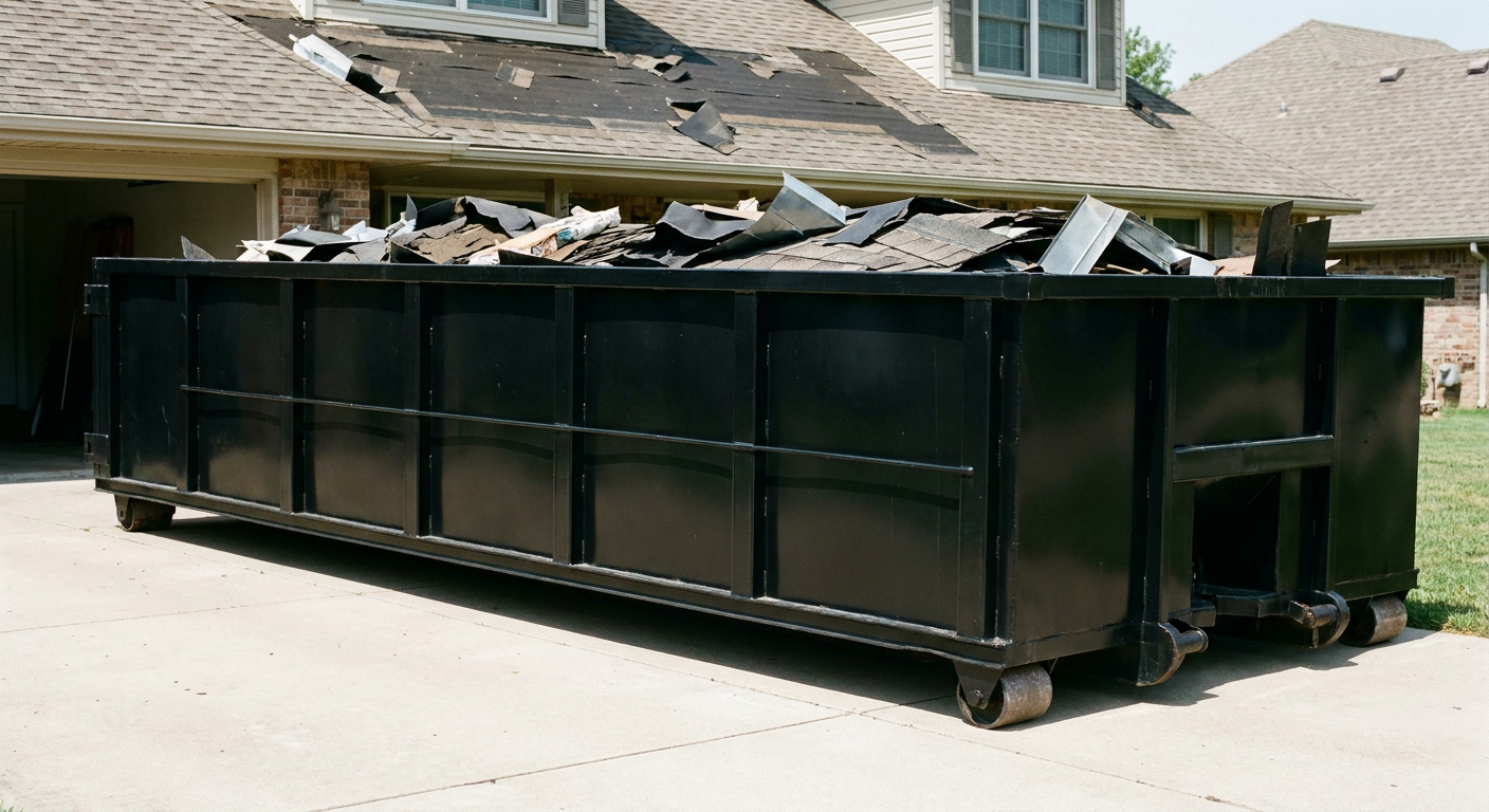 Matte-black 20-yard roofing roll-off dumpster with steel ribbed sides and swinging rear door, sitting directly on the concrete driveway of a two-story Eau Claire home, asphalt shingle debris being loaded over the low wall, clean documentary lighting.