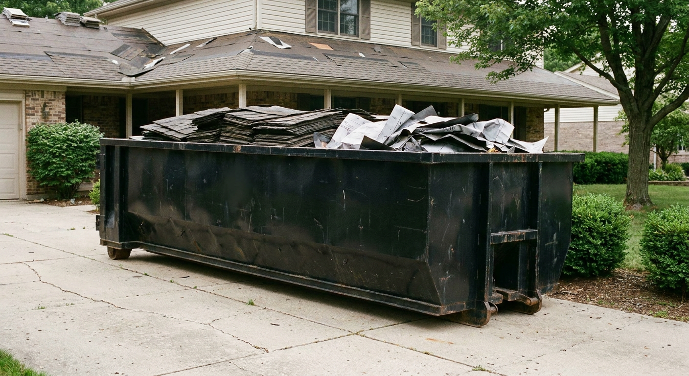 Matte-black 30-yard roofing roll-off dumpster sitting directly on a Eau Claire concrete driveway, taller ribbed steel side panels, mixed tear-off debris of asphalt shingles and underlayment inside, professional documentary daylight.