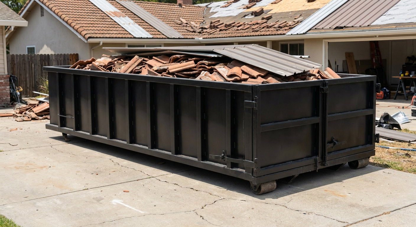Matte-black low-wall heavy-debris roofing roll-off dumpster sitting directly on a Eau Claire concrete driveway, broken concrete clay roof tiles and metal panel sections loaded inside, reinforced ribbed steel side walls visible, bright outdoor daylight.