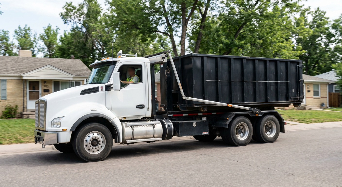 A wide documentary shot of a matte-black roll-off delivery truck pulling onto a quiet Eau Claire residential street at mid-morning, with neighborhood rooftops and tree-lined blocks visible behind, showing the metro coverage footprint.