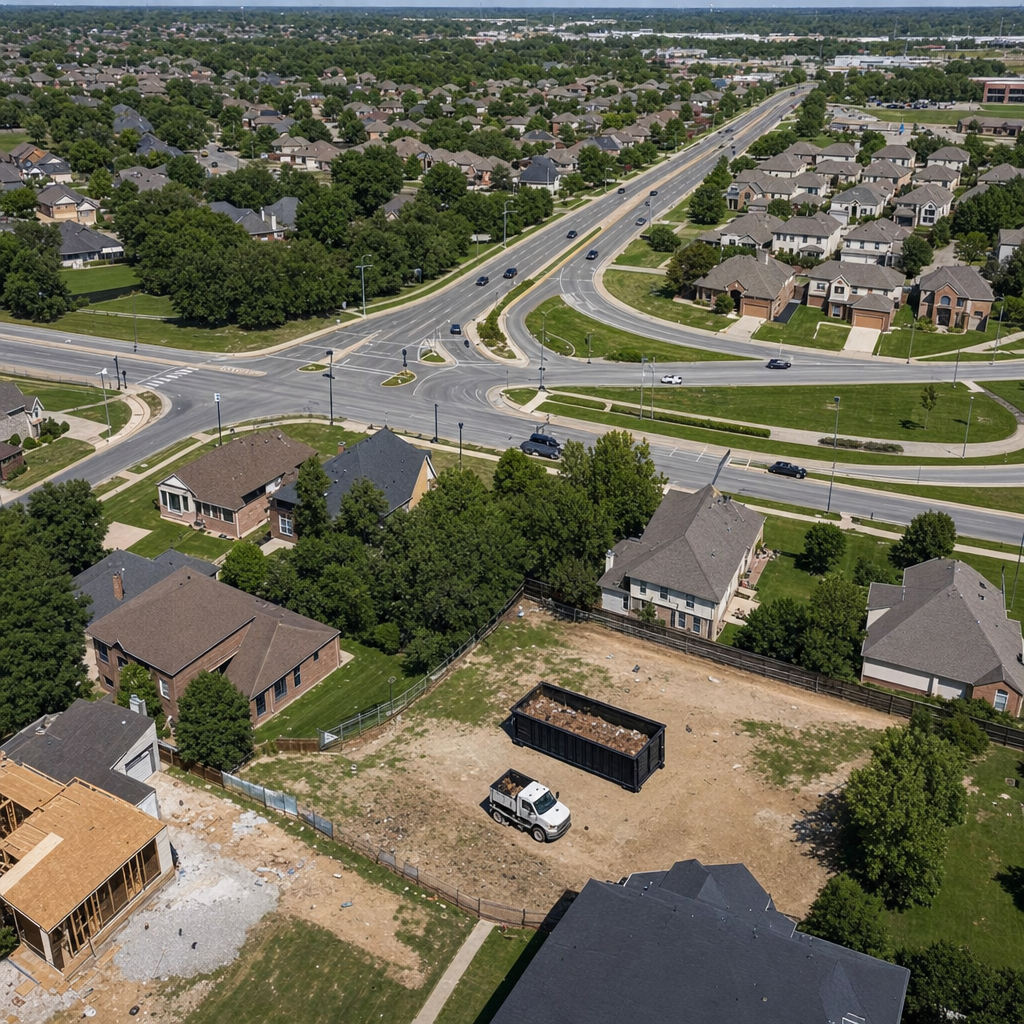 An overhead documentary view of the Eau Claire metro area at midday, showing the spread of neighborhoods, arterial roads, and the dispatch radius from a central yard — clean daylight, organized geographic layout.