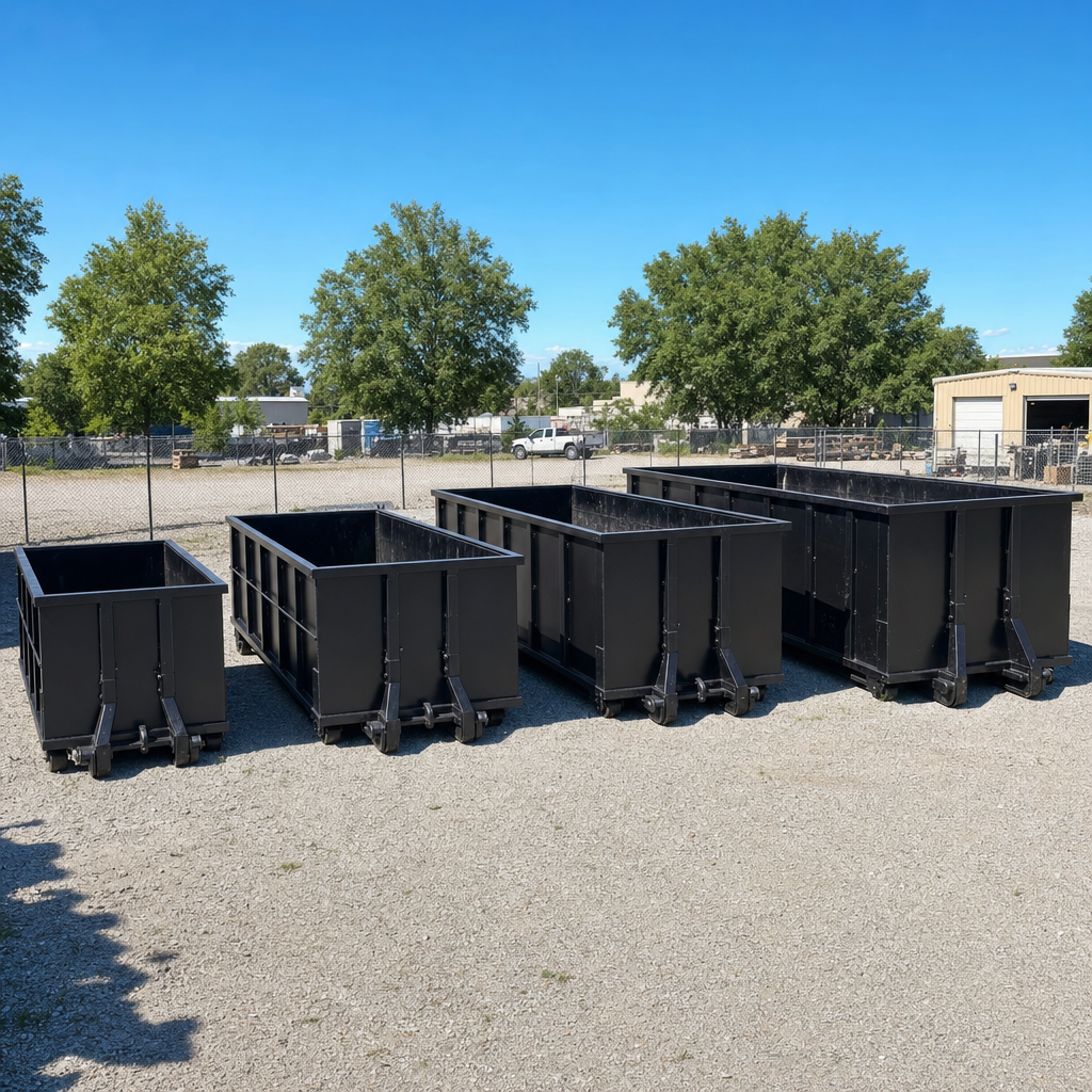 A clean lineup of matte-black roll-off dumpsters in 10, 20, 30, and 40-yard sizes staged on a sunlit gravel yard in Eau Claire, showing the size progression from compact to commercial-scale containers.