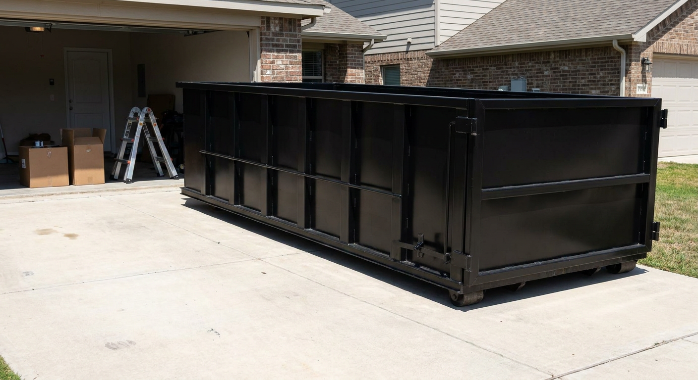 A matte-black 10-yard roll-off dumpster sitting directly on a residential Eau Claire concrete driveway, mid-day sunlight, clean and ready for a garage cleanout.