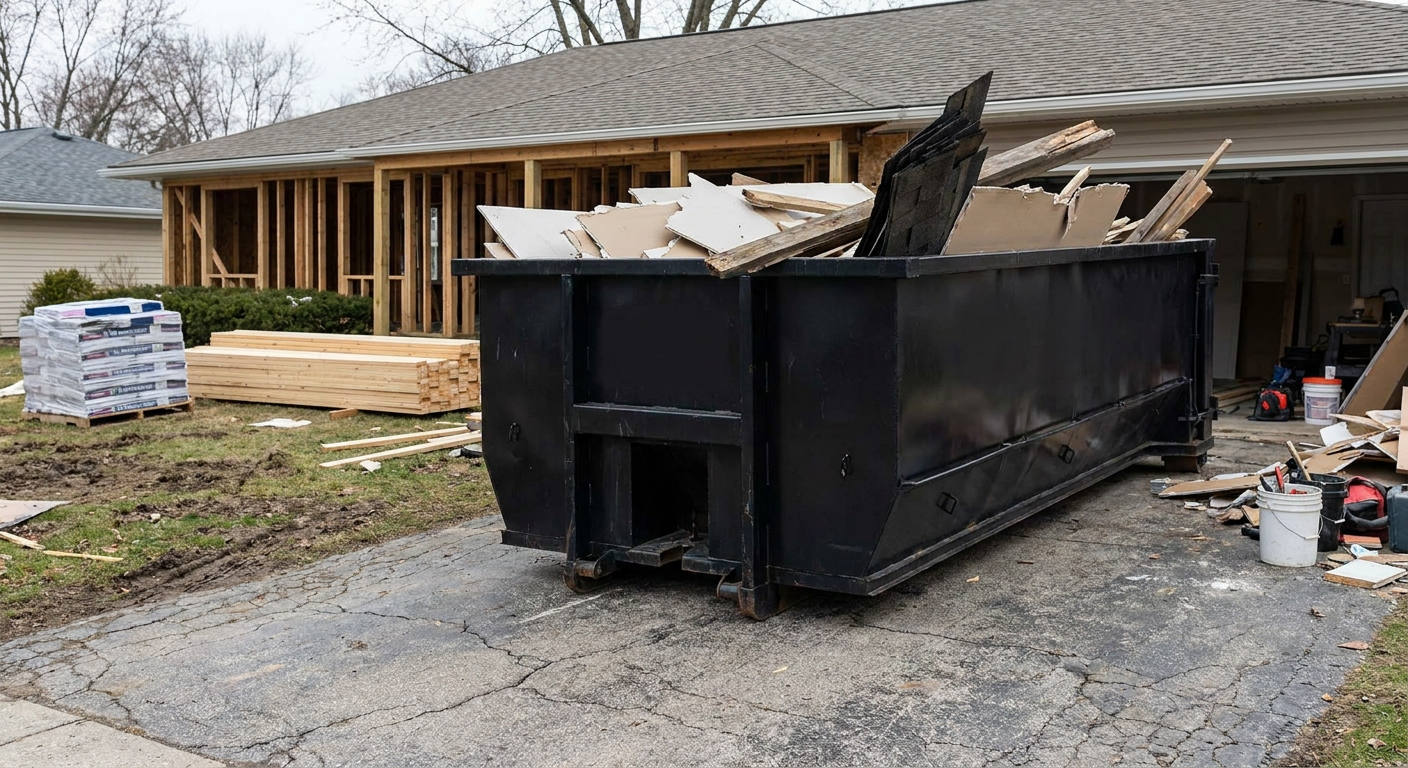 A matte-black 20-yard roll-off dumpster placed alongside a mid-renovation Eau Claire home directly on the asphalt driveway, with framing materials and torn-off shingles staged neatly nearby.