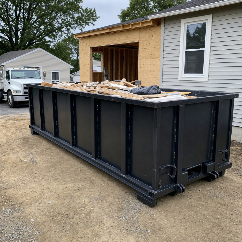 A matte-black 30-yard roll-off dumpster positioned at a Eau Claire residential addition jobsite, with framing lumber and drywall scraps loaded through the open swinging rear doors.