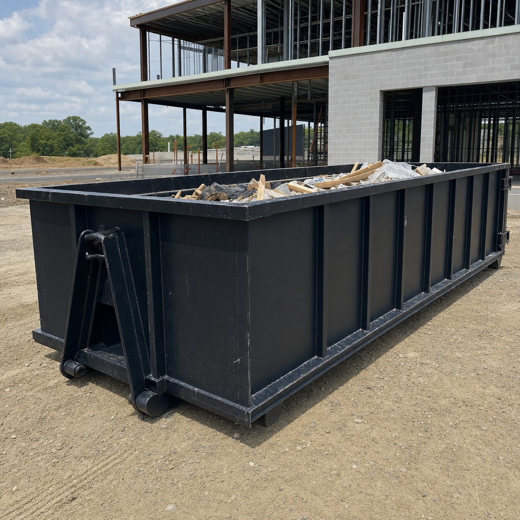 A matte-black 40-yard roll-off dumpster staged on a large Eau Claire commercial construction lot, with a hooklift delivery truck parked alongside under bright midday sky.