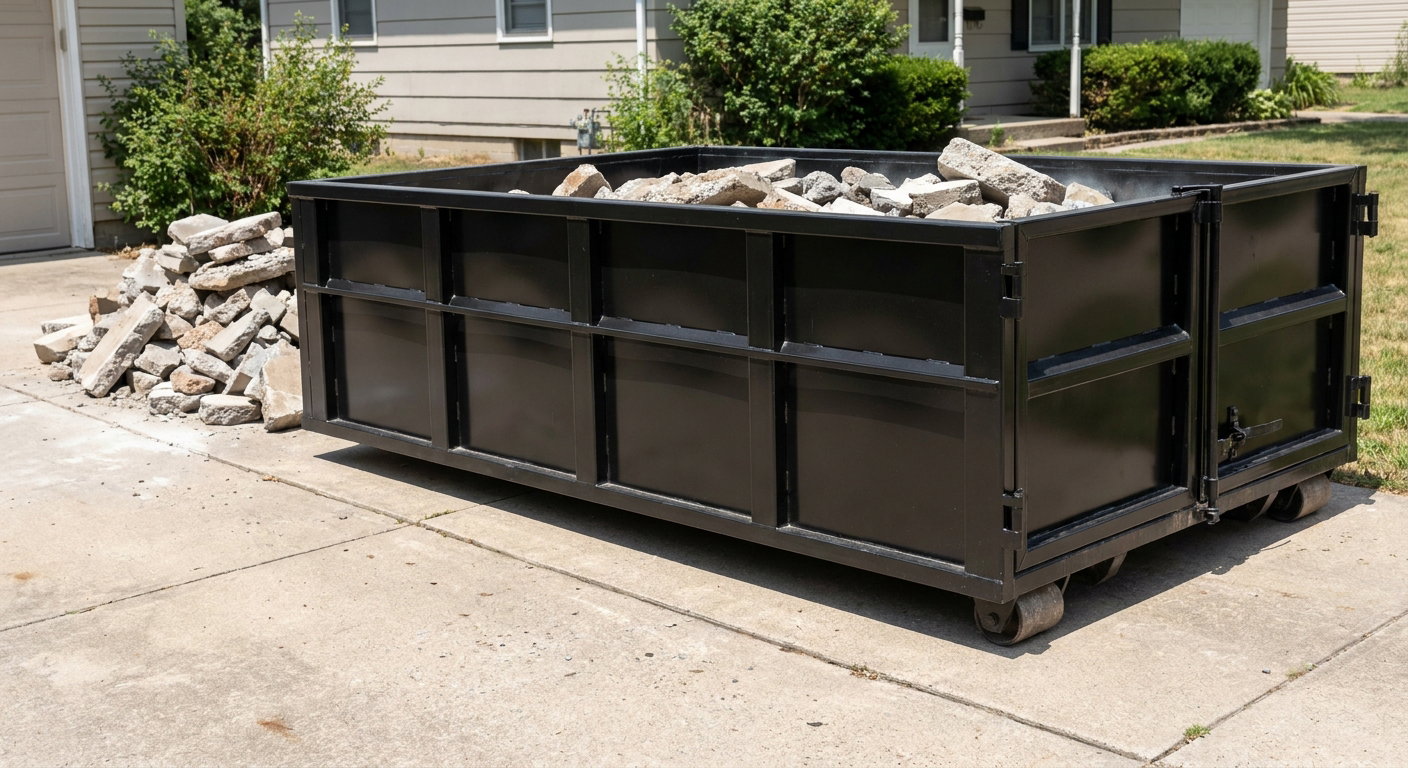 A matte-black low-side heavy-debris roll-off dumpster placed directly on a Eau Claire concrete driveway, with broken concrete chunks neatly stacked beside it under clean daylight.